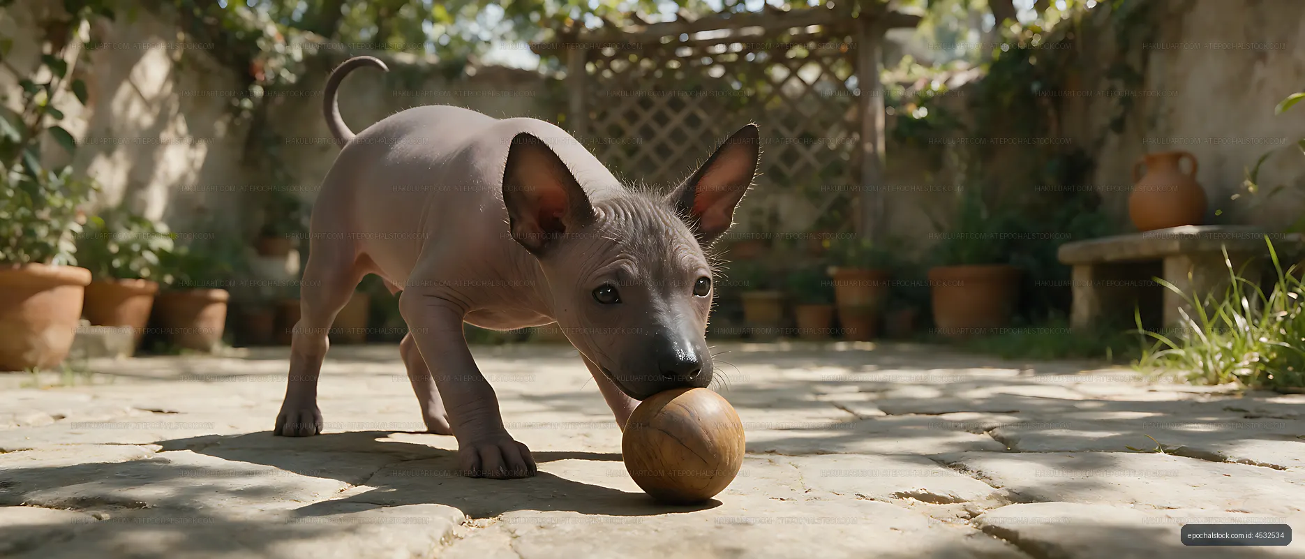 Playful hairless puppy holding a wooden ball