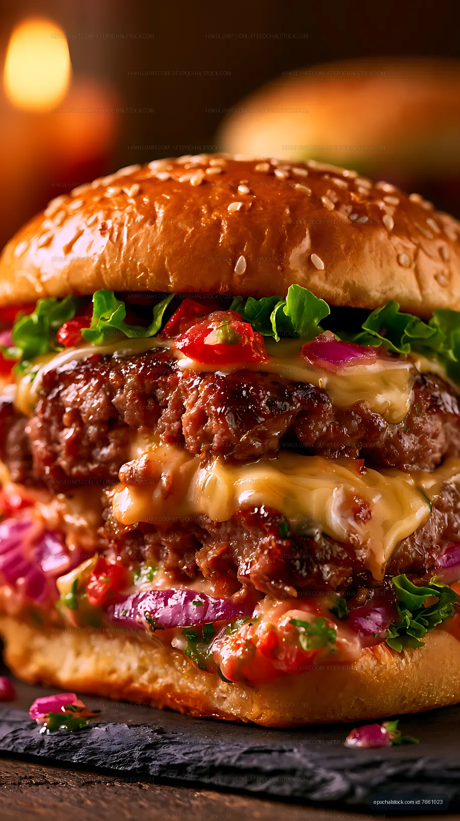 Loaded cheeseburger with sesame bun and melted cheese