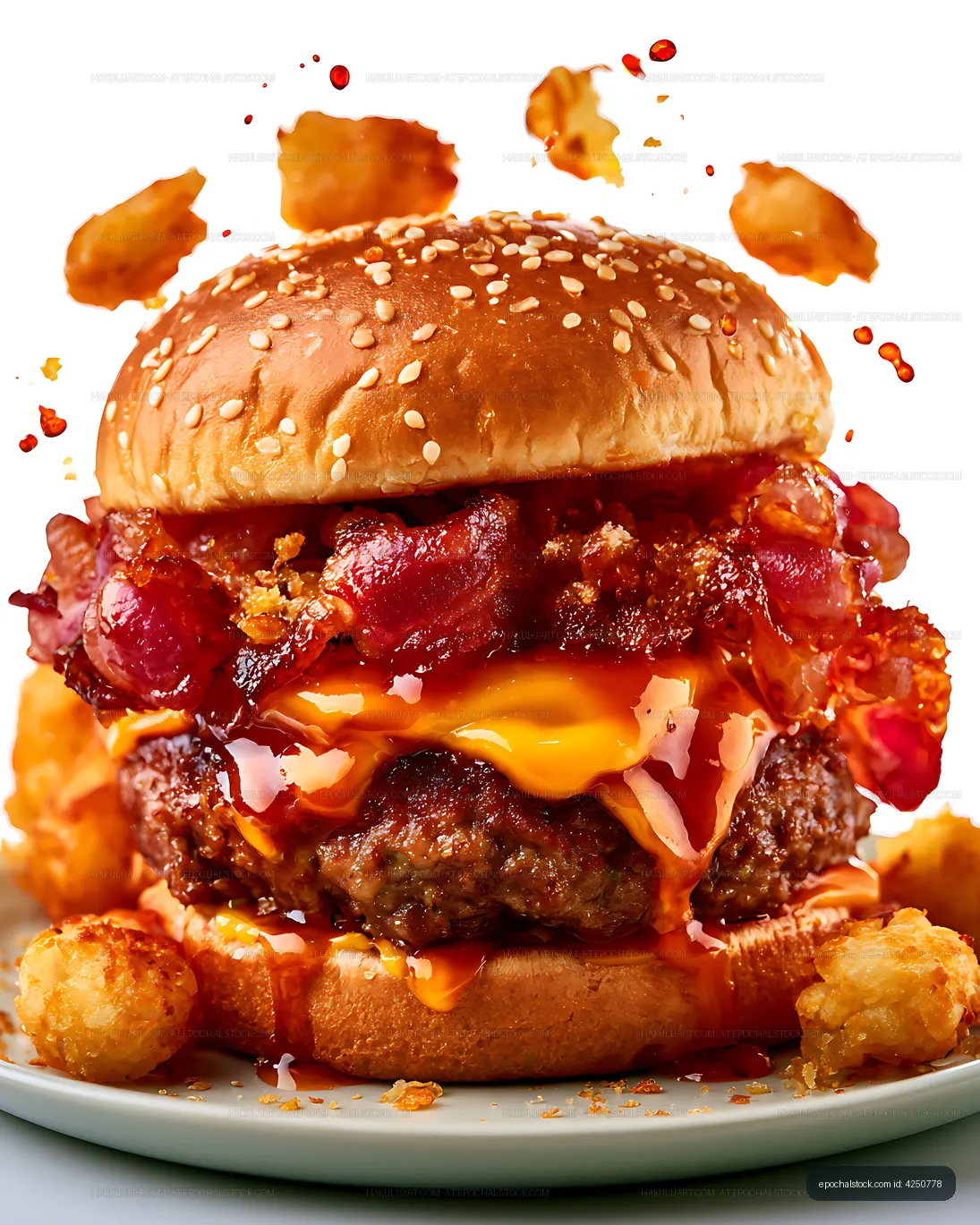 Close-up loaded cheeseburger with bacon and egg