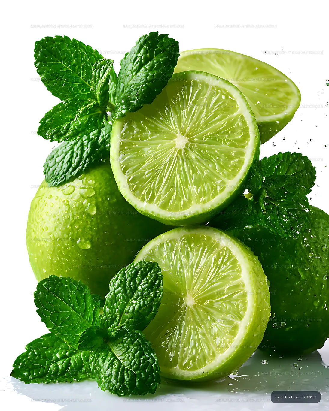 Close-up of sliced limes and mint leaves