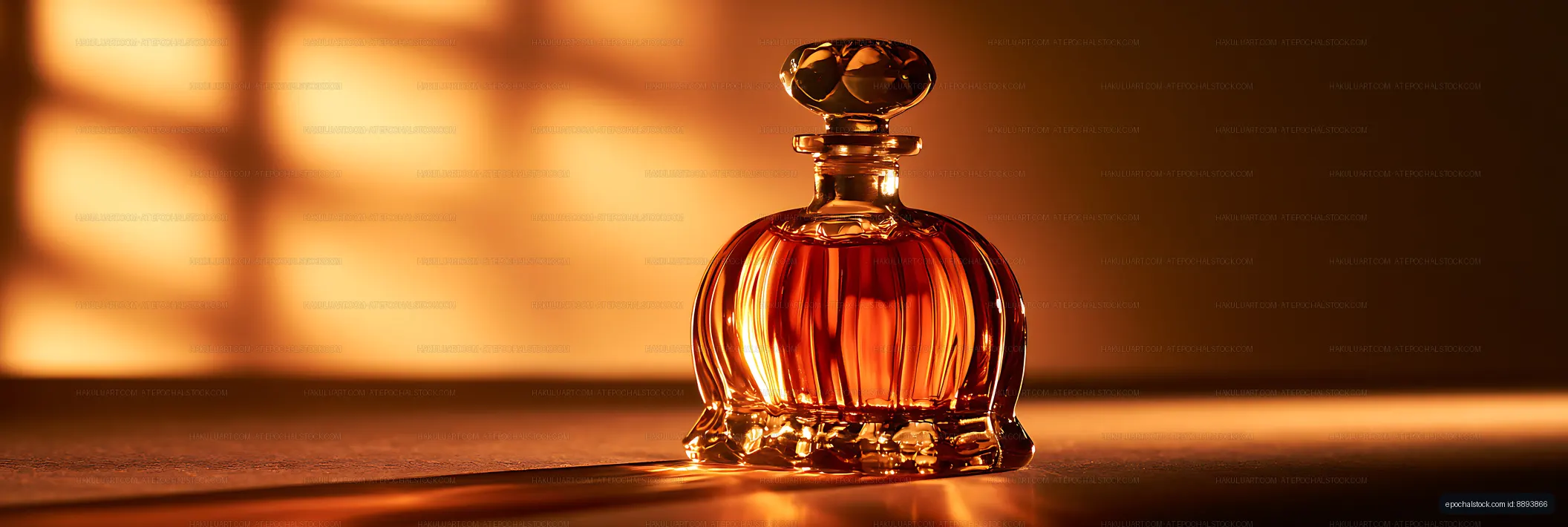 Ornate amber decanter on reflective surface