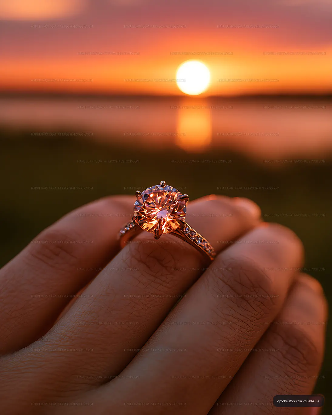 Diamond ring held in warm sunset light