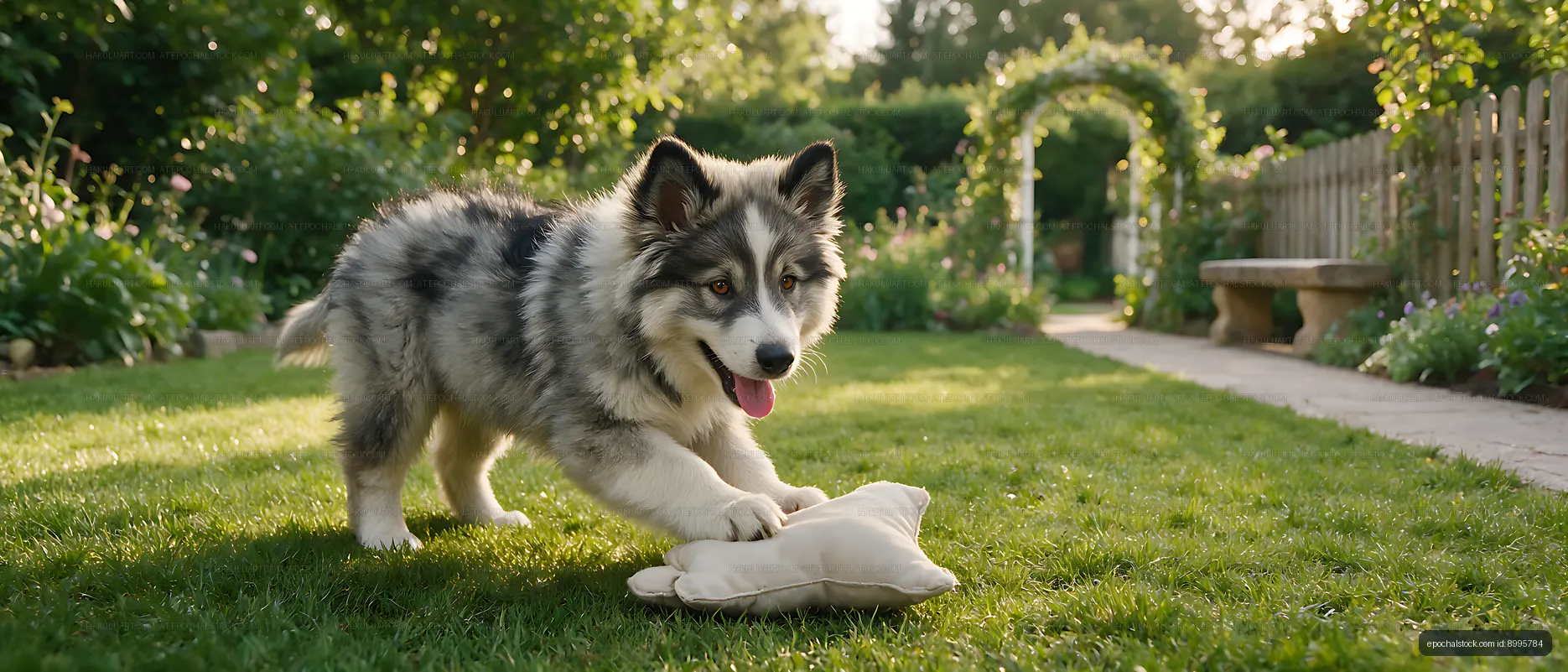 Puppy playing with plush toy on garden lawn