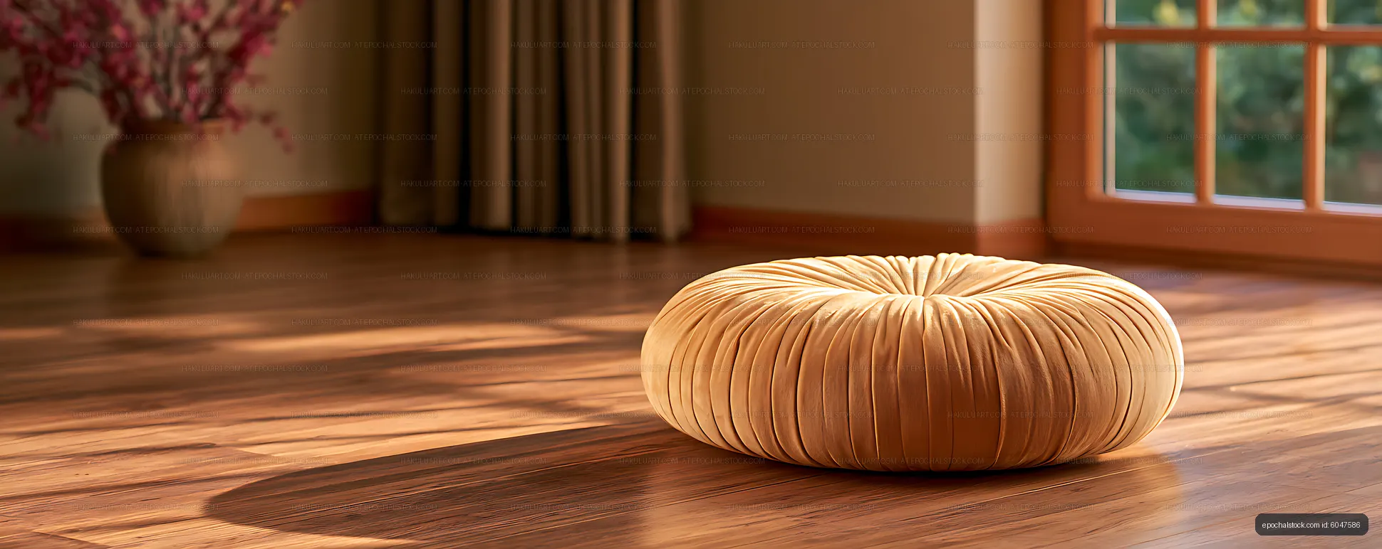 Plush round pouf cushion in a bright home interior