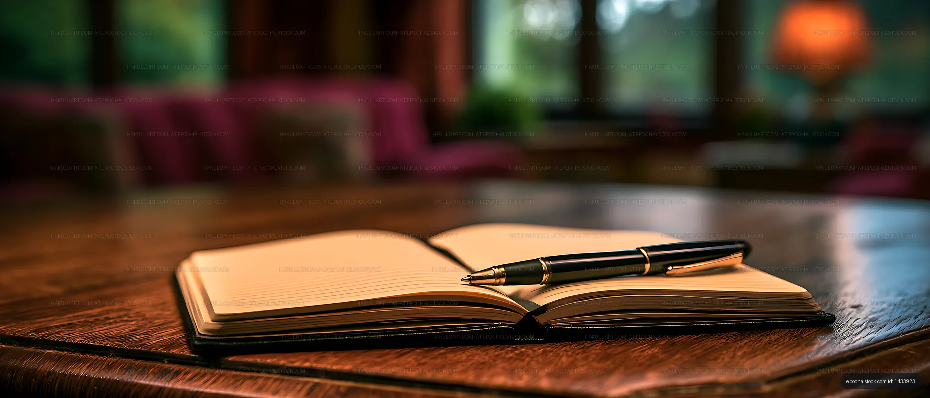 Notebook and pen resting on a wooden table