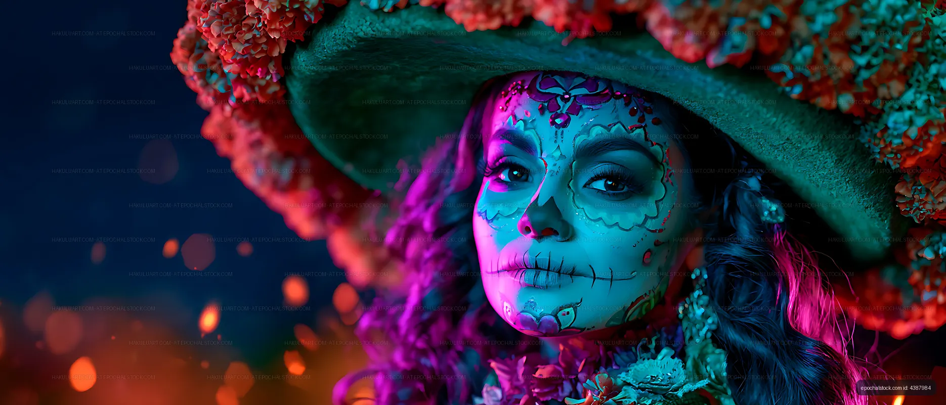 Colorful woman portrait with floral hat and skull face paint