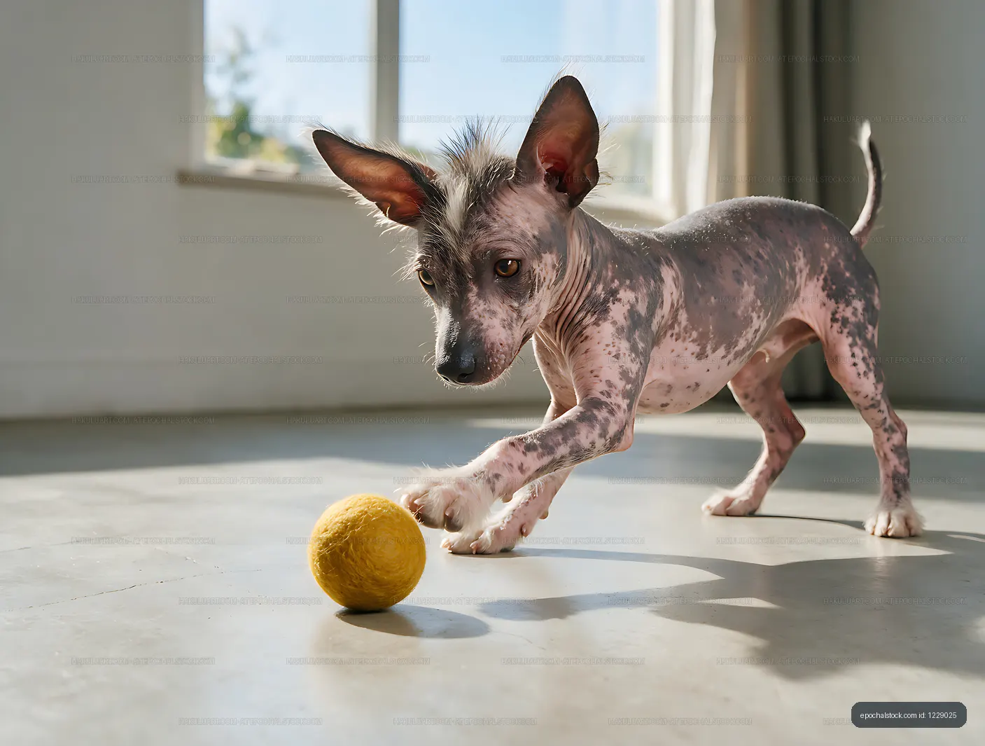 Spotted hairless puppy playing with a yellow ball