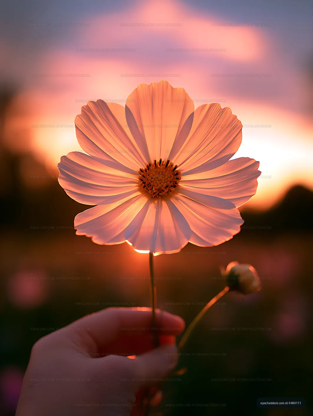 Pink flower in hand at sunset