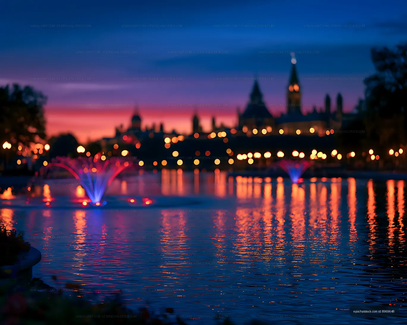 Soft focus city waterfront with glowing fountains