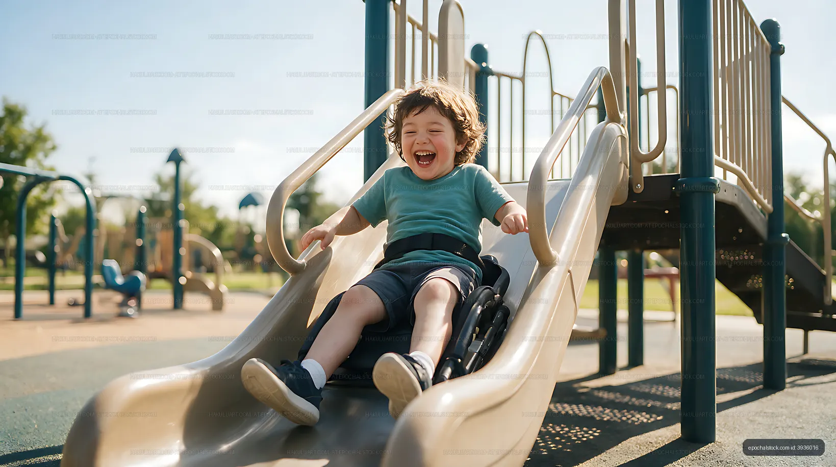 Happy child using an accessible playground slide