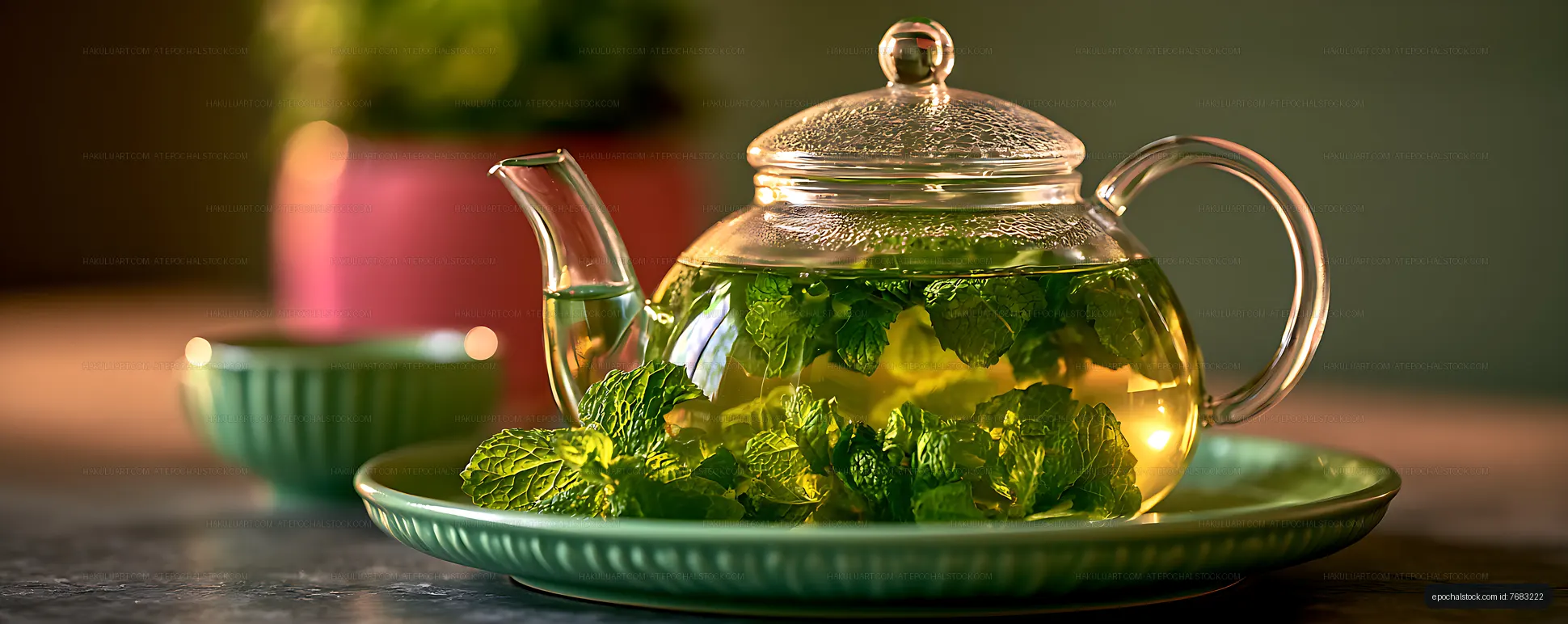 Fresh mint leaves inside a glass green tea teapot