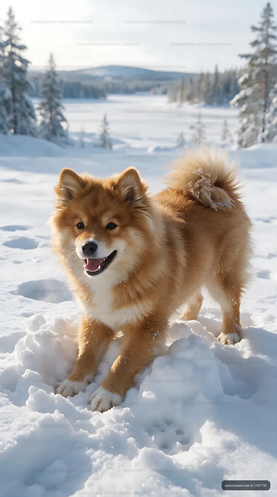 Fluffy puppy enjoys a snowy mountain setting