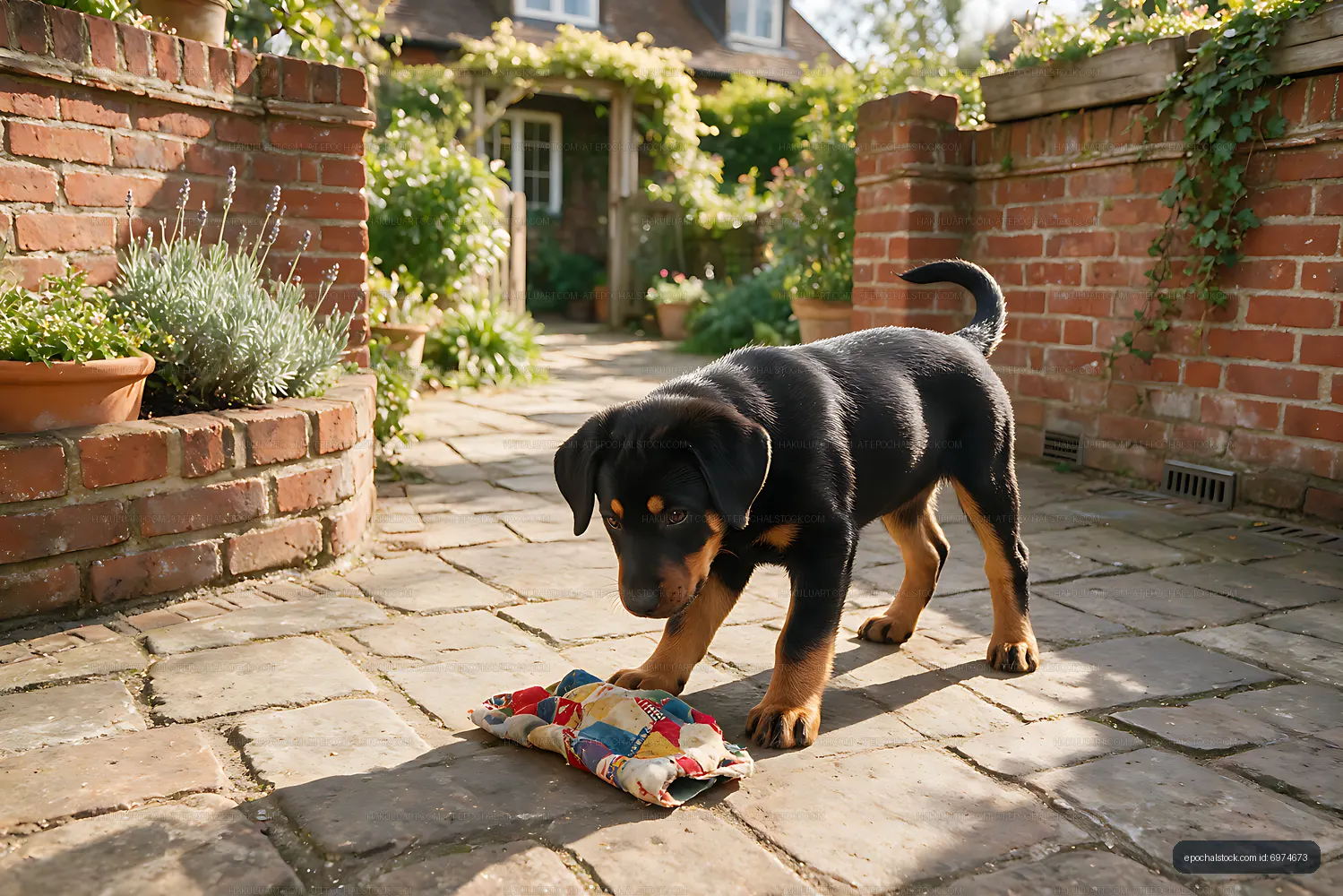 Puppy playing with a fabric toy in a sunny brick courtyard
