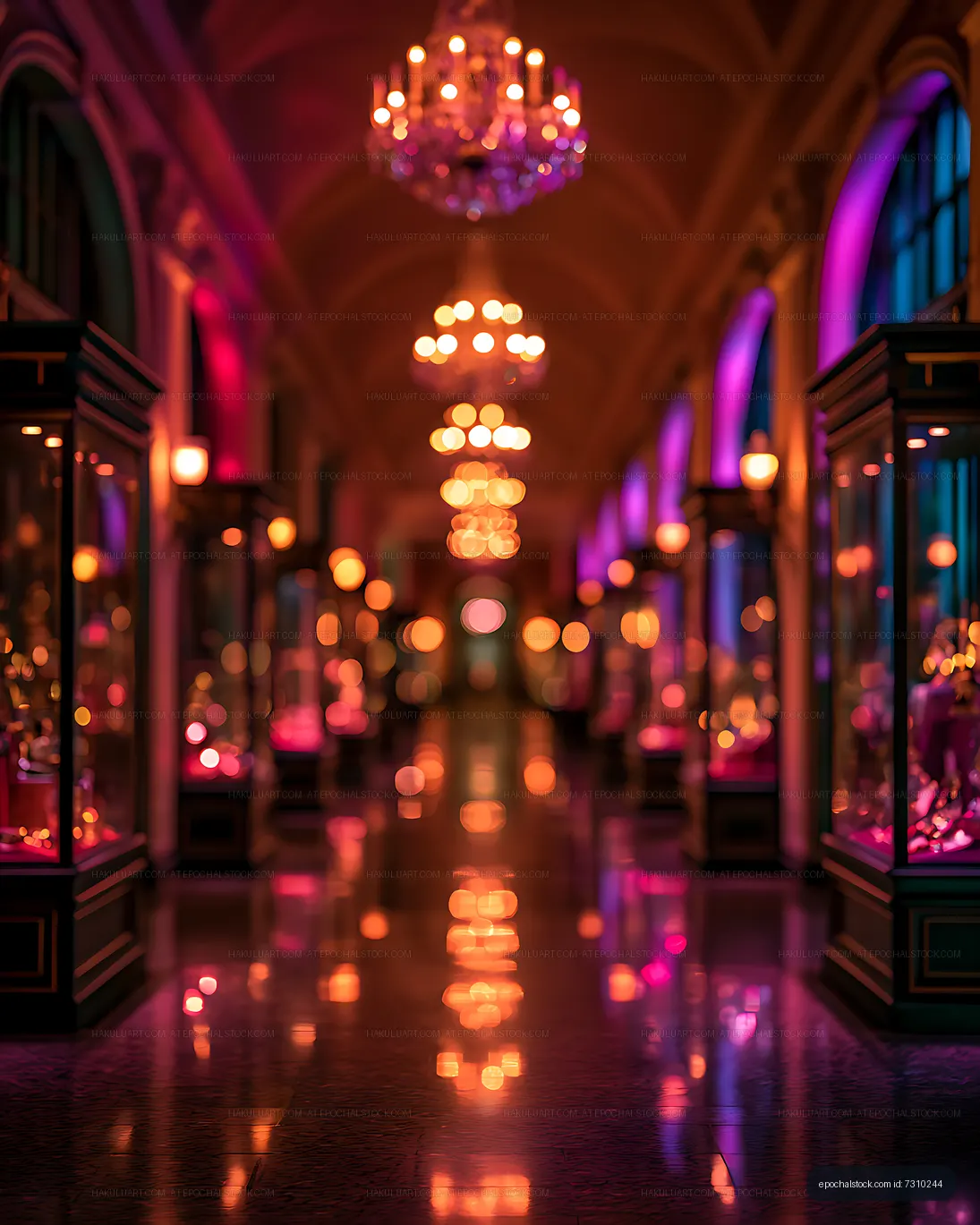 Atmospheric blurred interior with glowing chandeliers