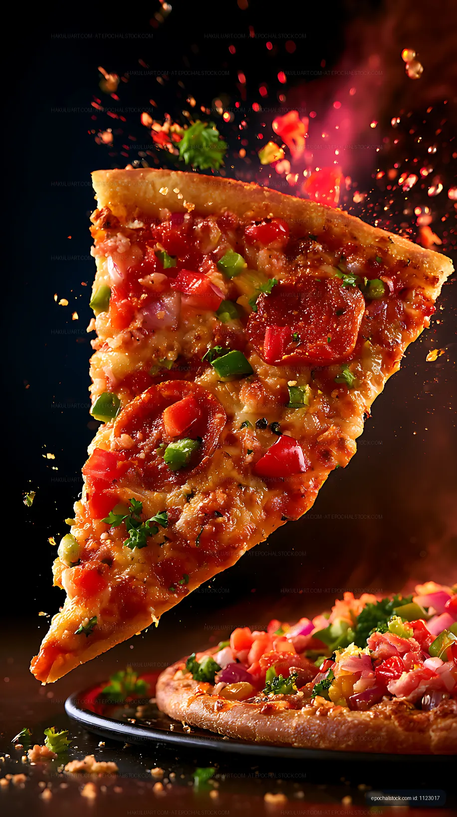 Loaded pizza slice floating above a whole pizza