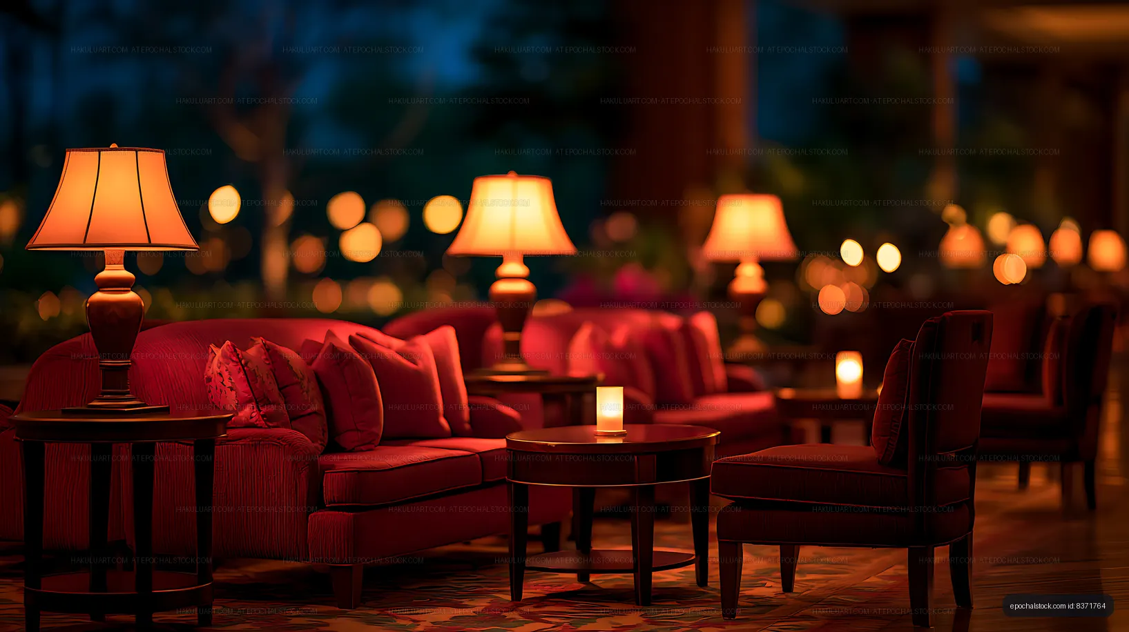 Elegant lounge interior illuminated by warm table lamps