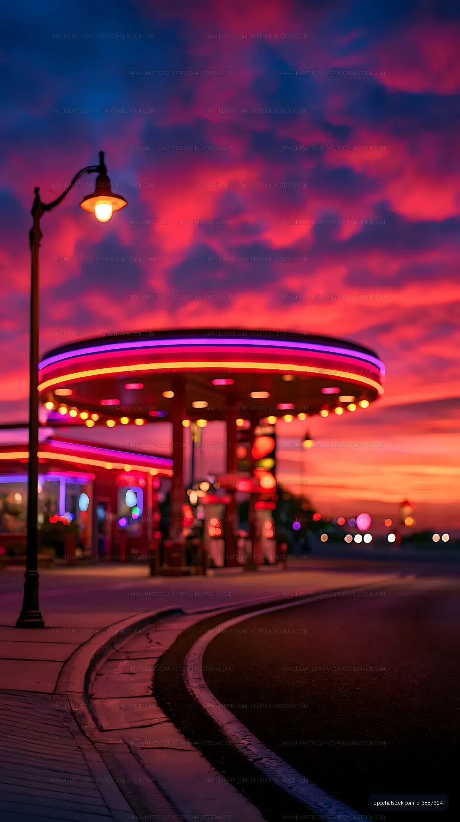 Neon roadside diner glowing under a dramatic sunset