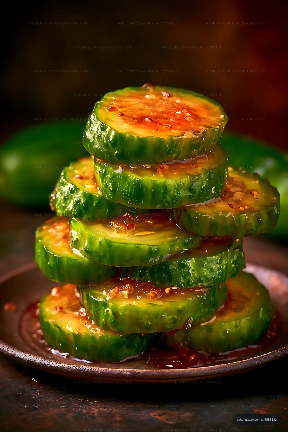 Cucumber slice stack with glossy spicy dressing