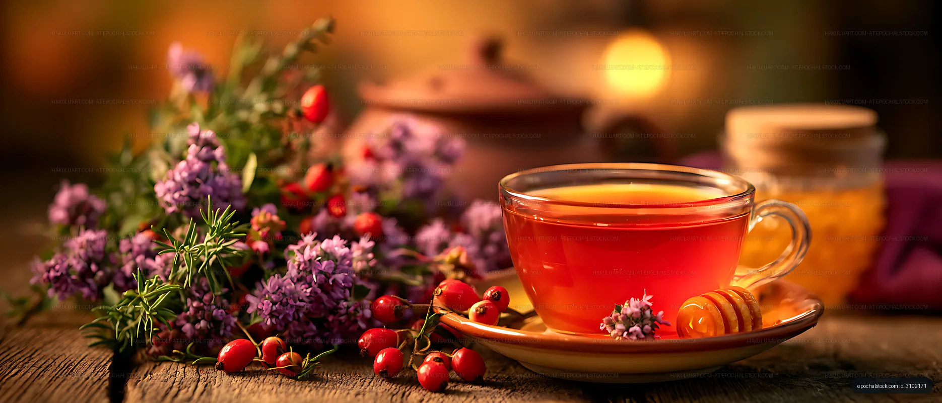 Herbal tea with honey and botanical garnish