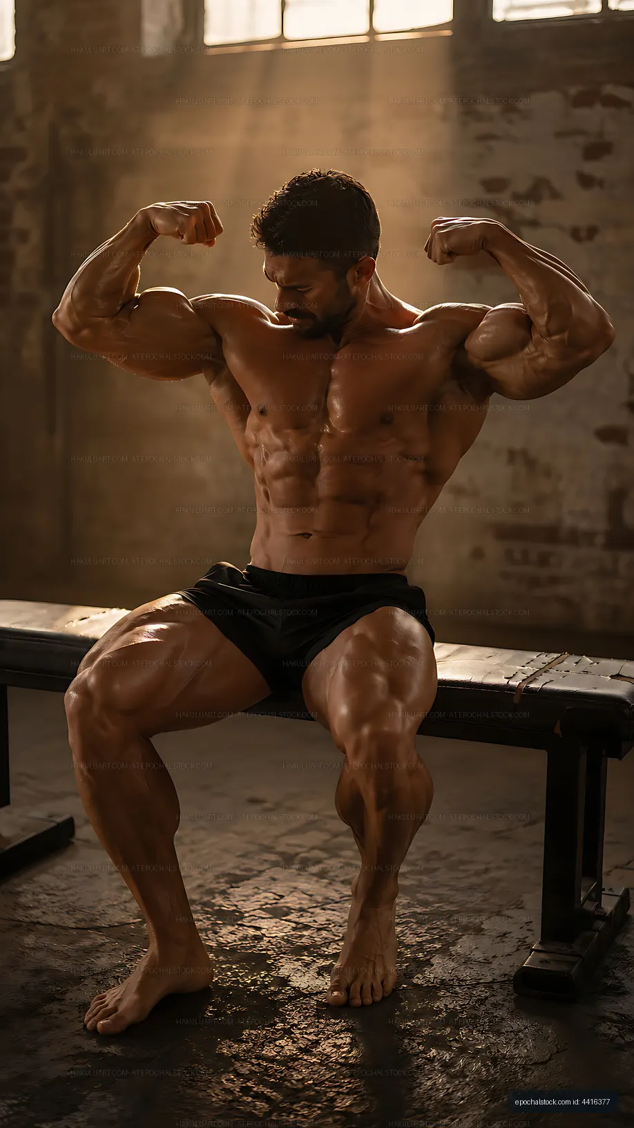 Muscular man posing in a gym setting with bright sunlight