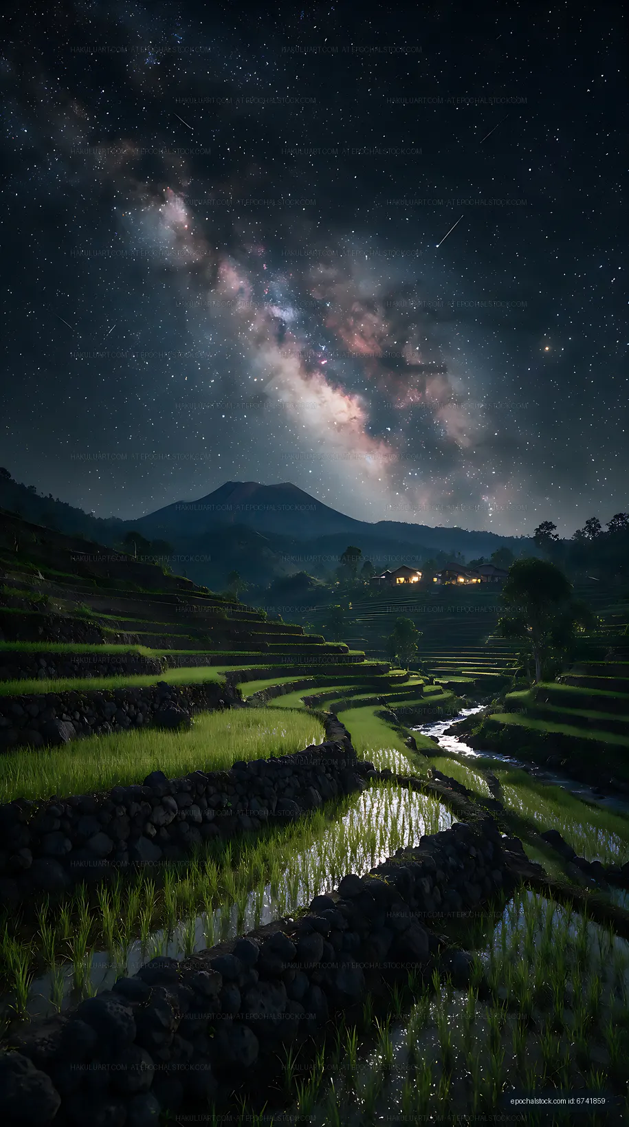 Starry night over mountain rice terraces