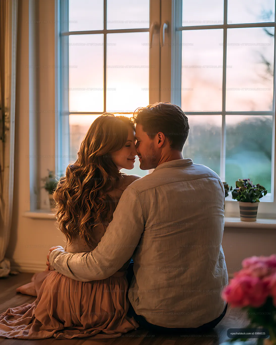 Two people embracing by a bright window