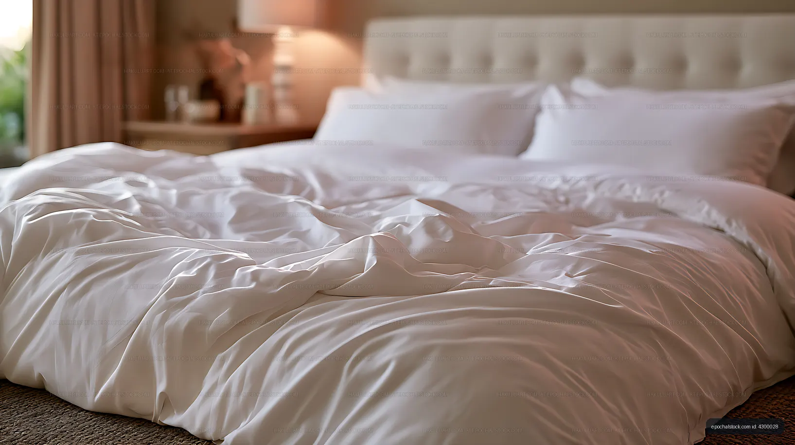 Soft morning light across a rumpled white bed