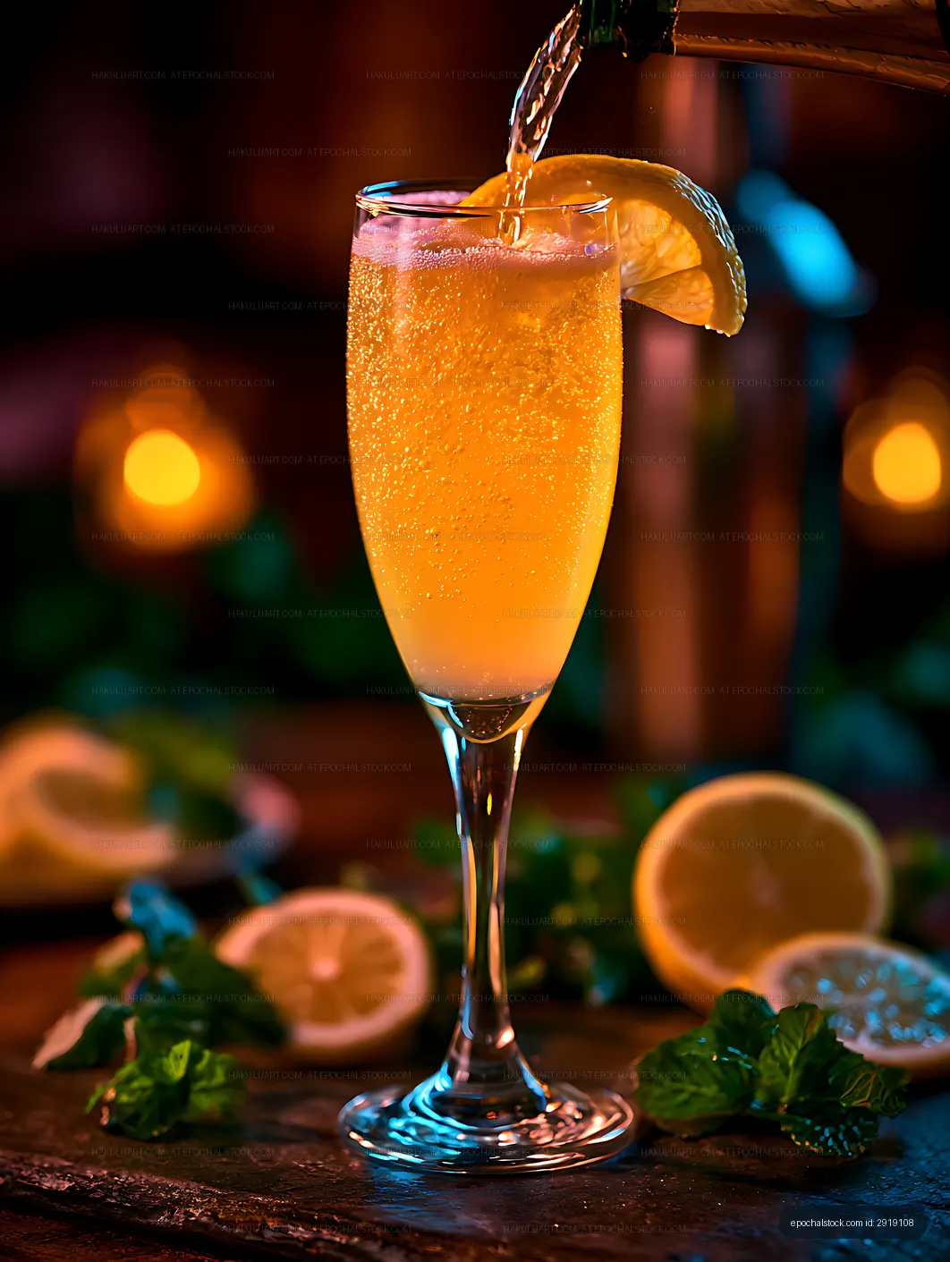Bubbly orange citrus drink poured into a cocktail glass