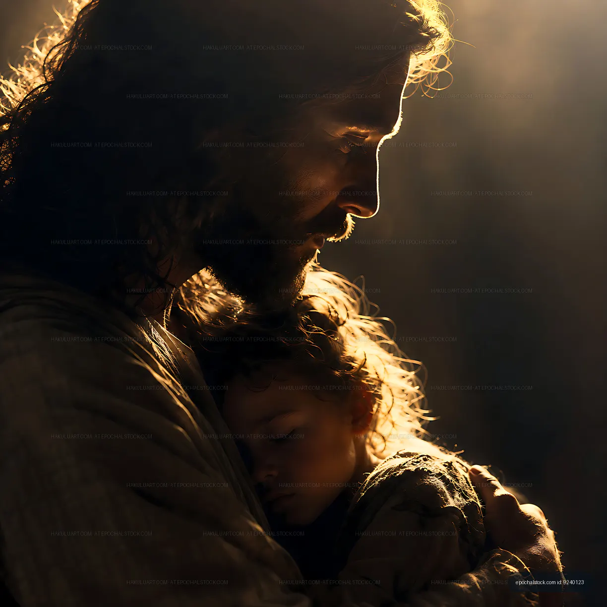 Jesus holding a child with soft light in a dark background