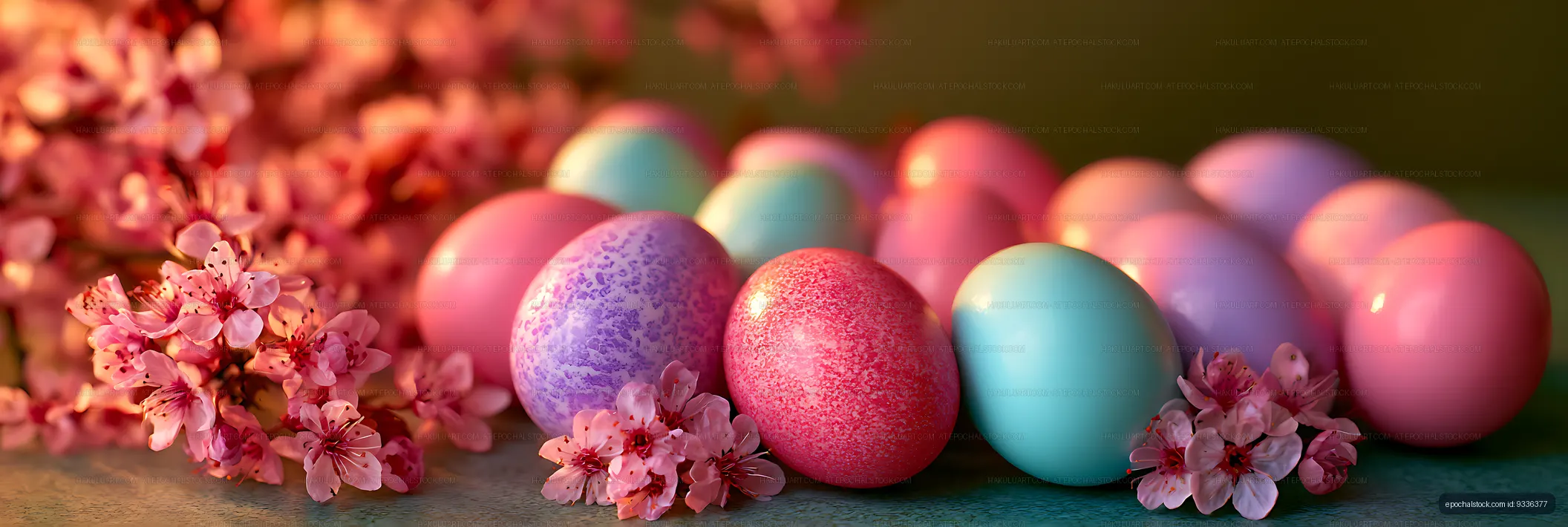 Pastel eggs arranged with pink spring flowers