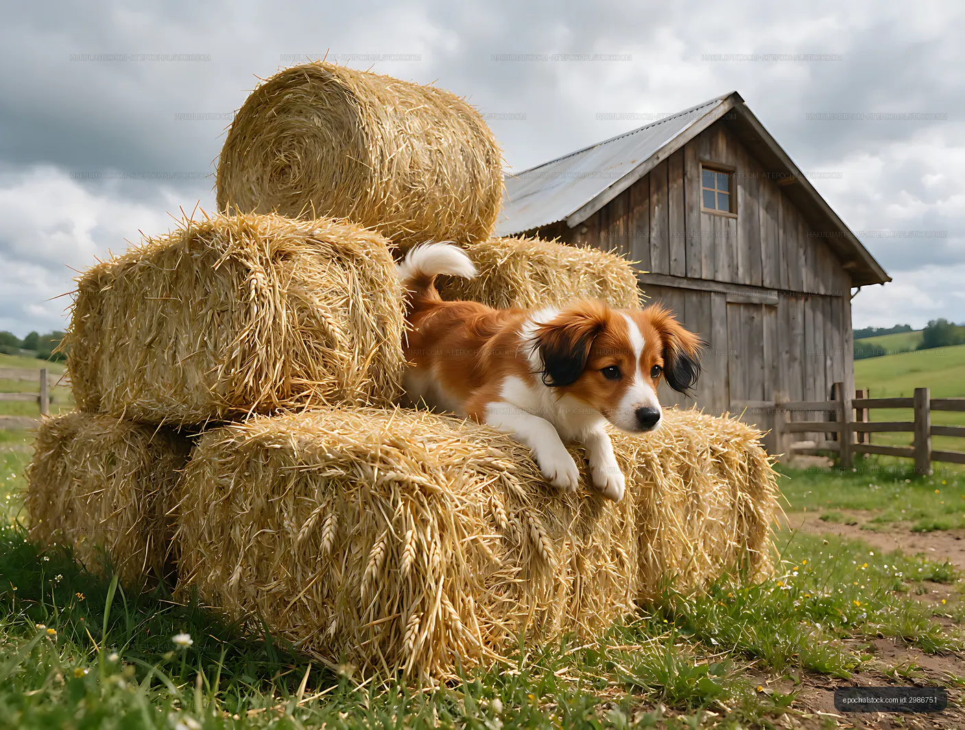 Puppy Playing on Hay Bales in the Countryside