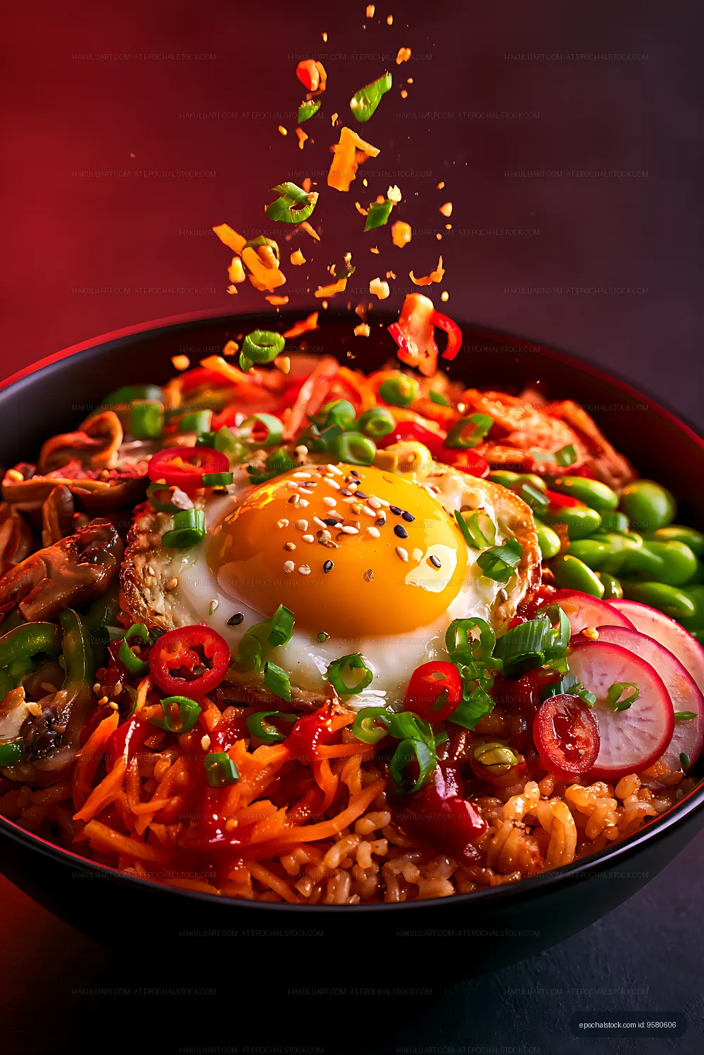 Dramatic fried egg rice bowl with colorful vegetables