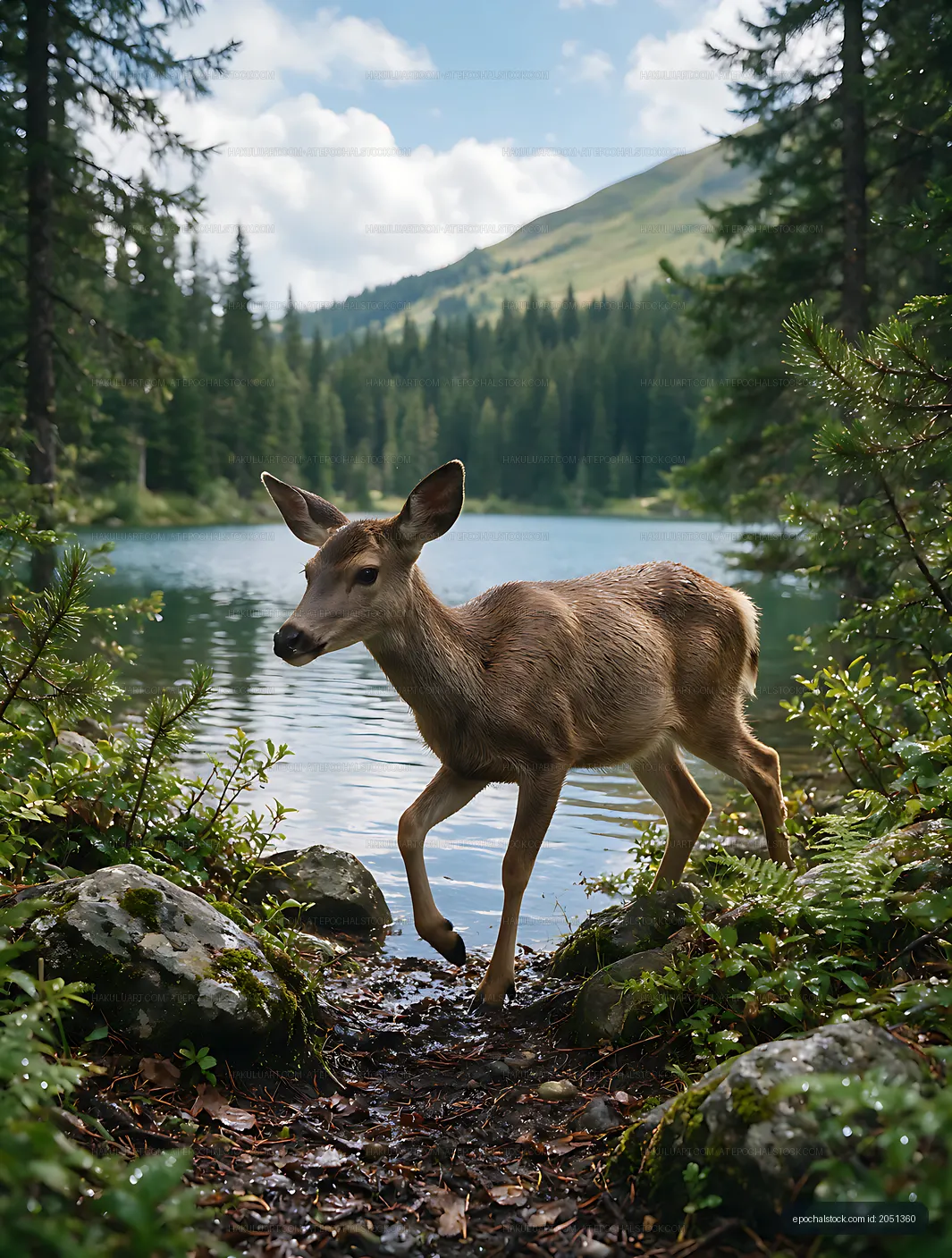 Deer by a tranquil alpine lake surrounded by evergreens