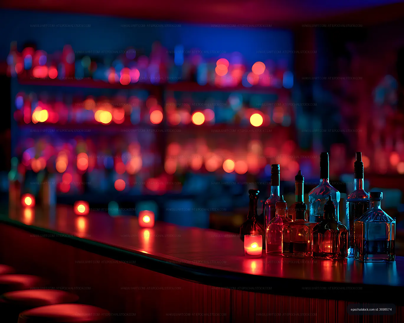 Neon Bar Still Life with Glass Bottles and Candlelight
