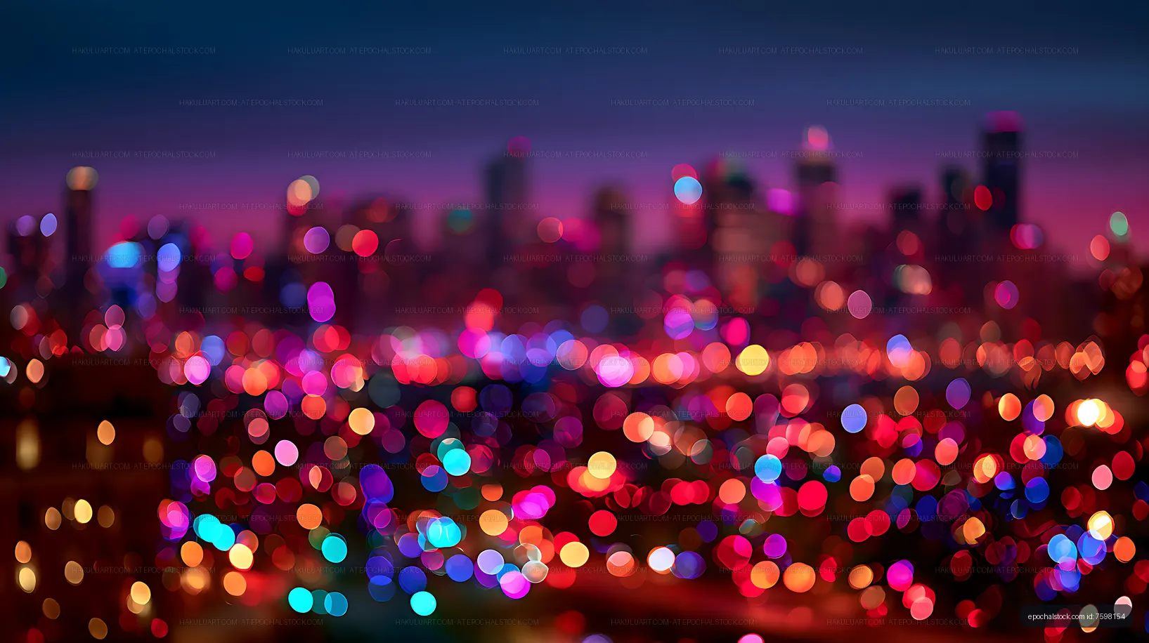 Vibrant bokeh city skyline under a purple twilight sky