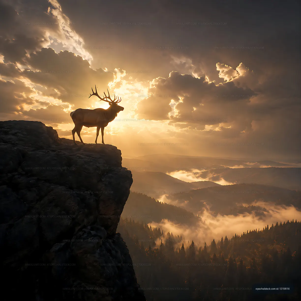 Deer standing on cliff with sunset in the background