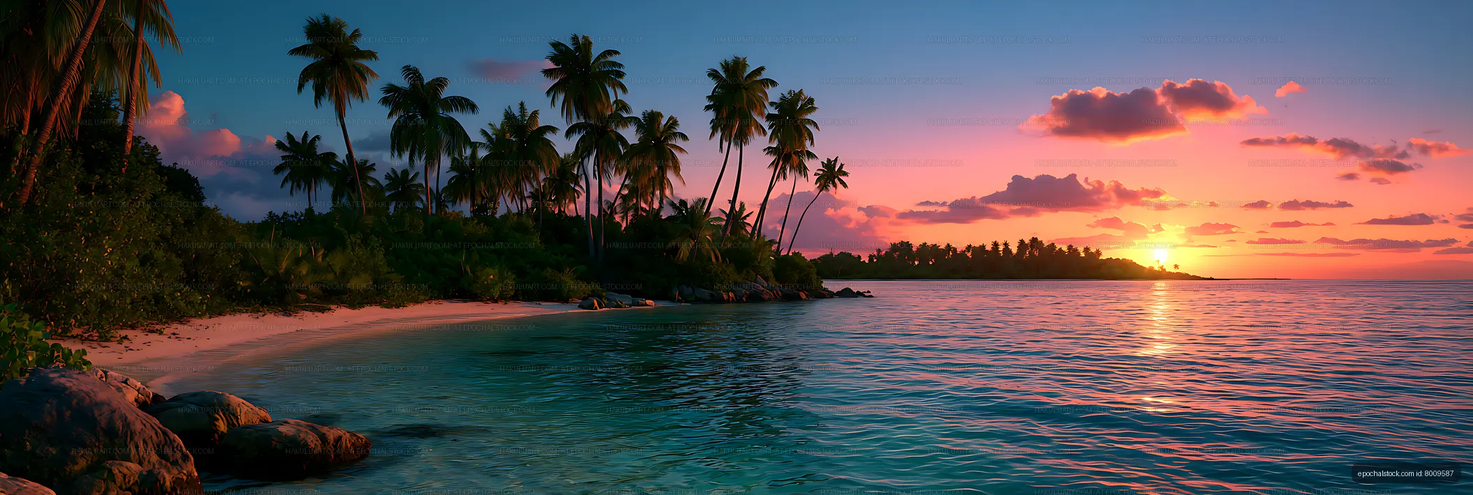 Panoramic tropical shoreline with palms at sunset