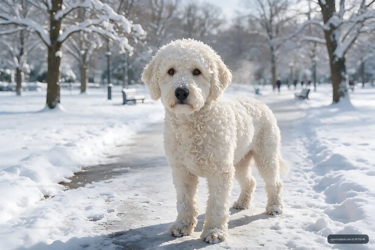 Curly white dog standing on a snowy winter path