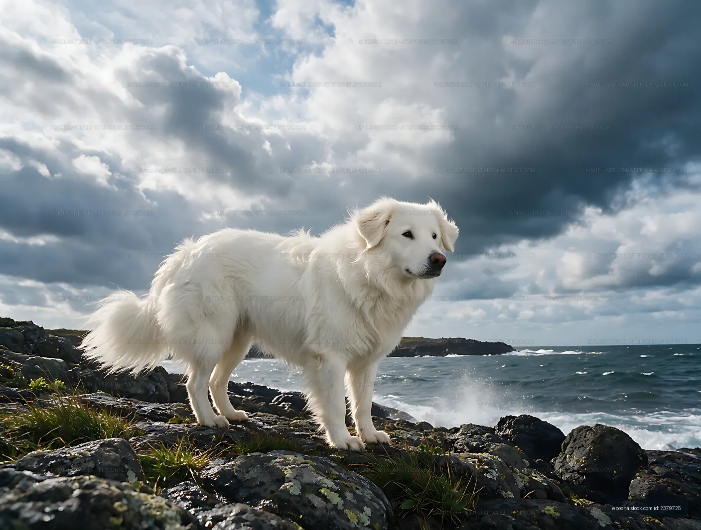 Long-haired white dog by the ocean under storm clouds