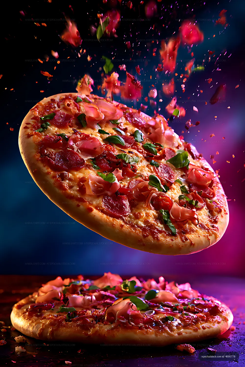 Creative pepperoni pizza suspended over another pizza