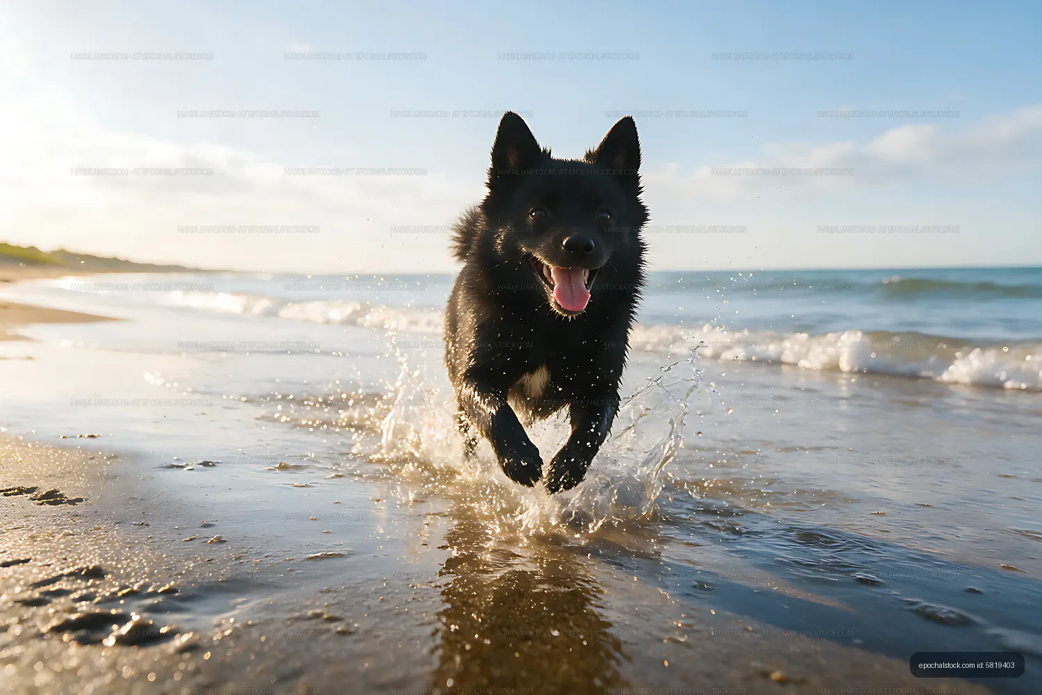 Black dog charging through waves at sunset