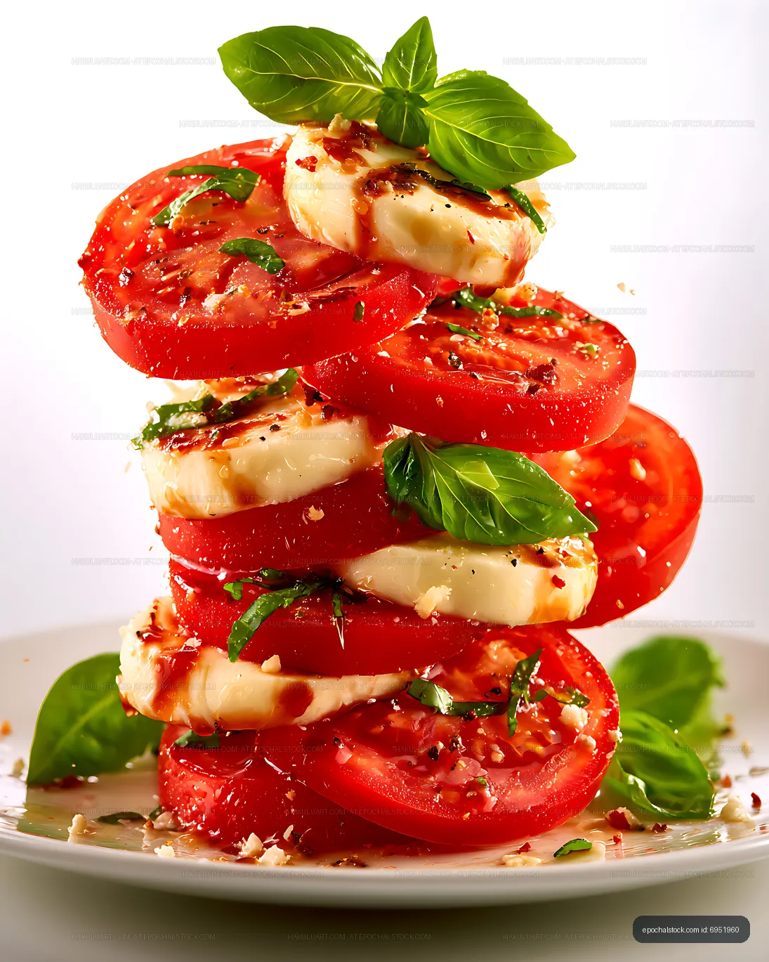 Colorful caprese salad tower on a plate