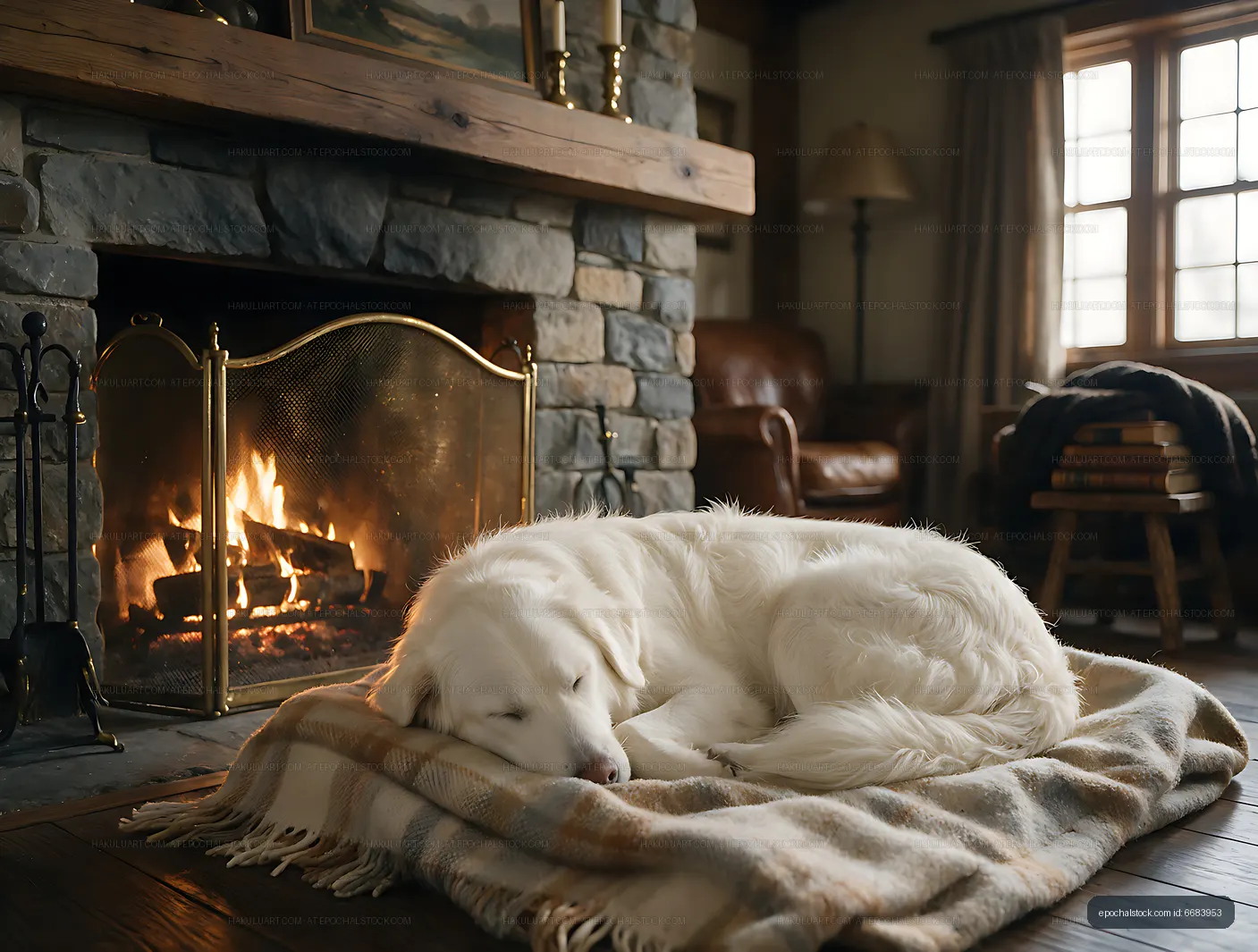Long-haired white dog resting by a warm fireplace