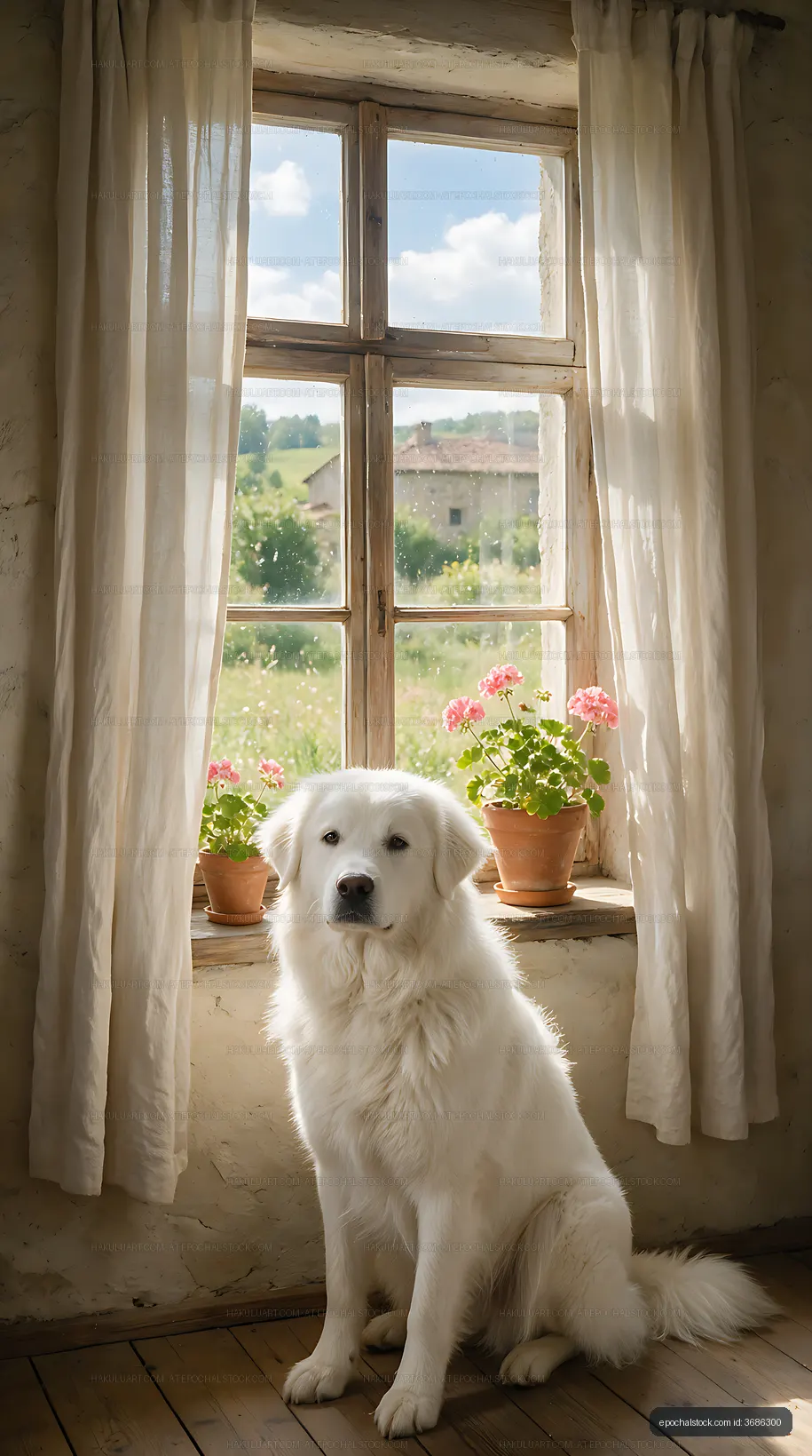 White fluffy dog posing beside a bright cottage window