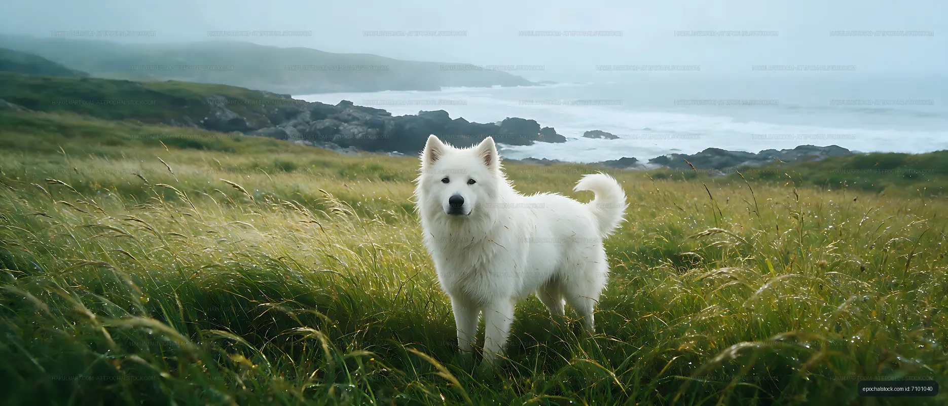 White dog facing the camera in coastal grass