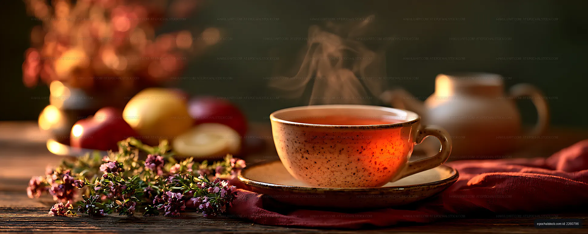 Steaming tea cup surrounded by flowers and fruit