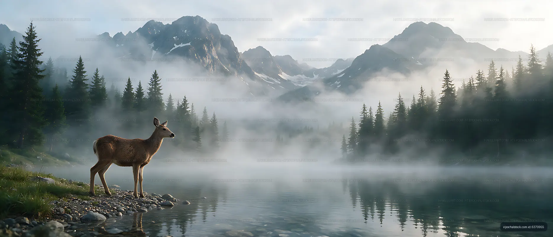 Wild deer beside a foggy alpine mountain lake