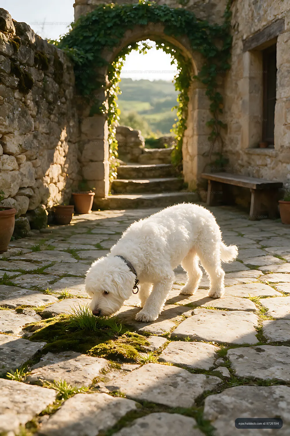 Curly white dog sniffing grass on stone paving