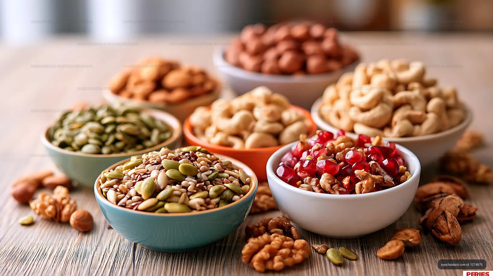 Colorful bowls of nuts, seeds, and dried fruit