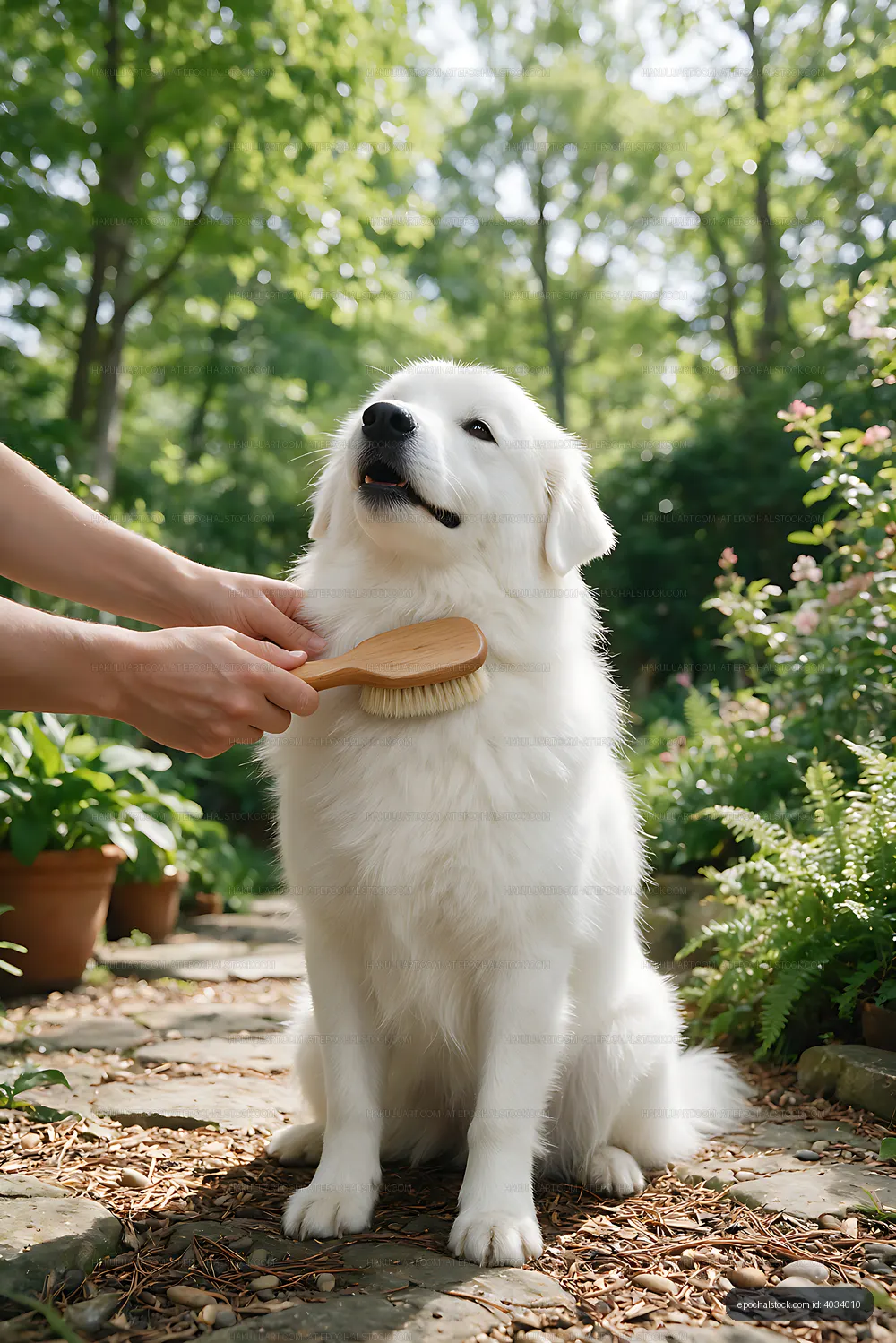 Fluffy white dog groomed in a sunlit garden